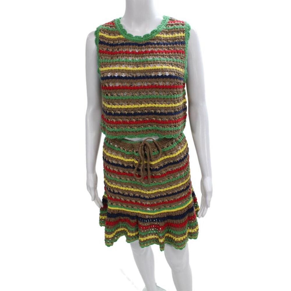 Zara Women Bohemian Brown Striped Round Neck Sleeveless Drawstring Set Size M